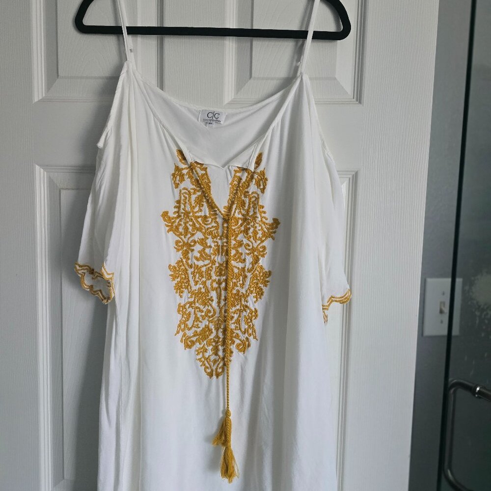 Stunning White & Gold Embroidered Cold-Shoulder Tunic Dress / Beach Cover-Up
